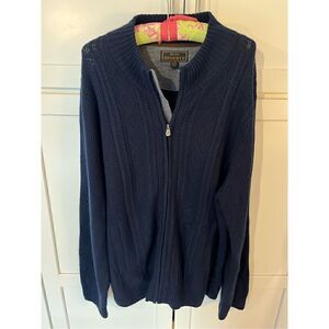 Jos A Bank Reserved Men’s Full Zip Sweater Sz 2XL Blue Wool Elbow Patches